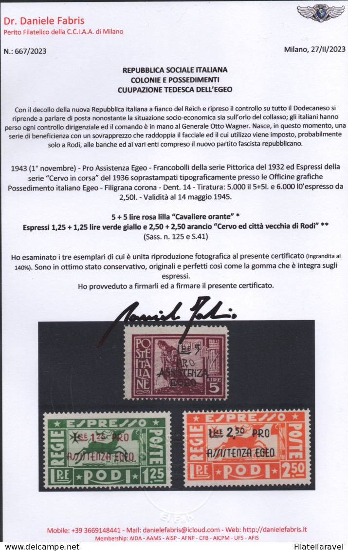 **/* 1943 - Occupazione Tedesca Dell'Egeo - Pro Assistenza Egeo (118/125+Ex) Serie Completa, Mista 10 Valori, Cert D.Fab - Egeo