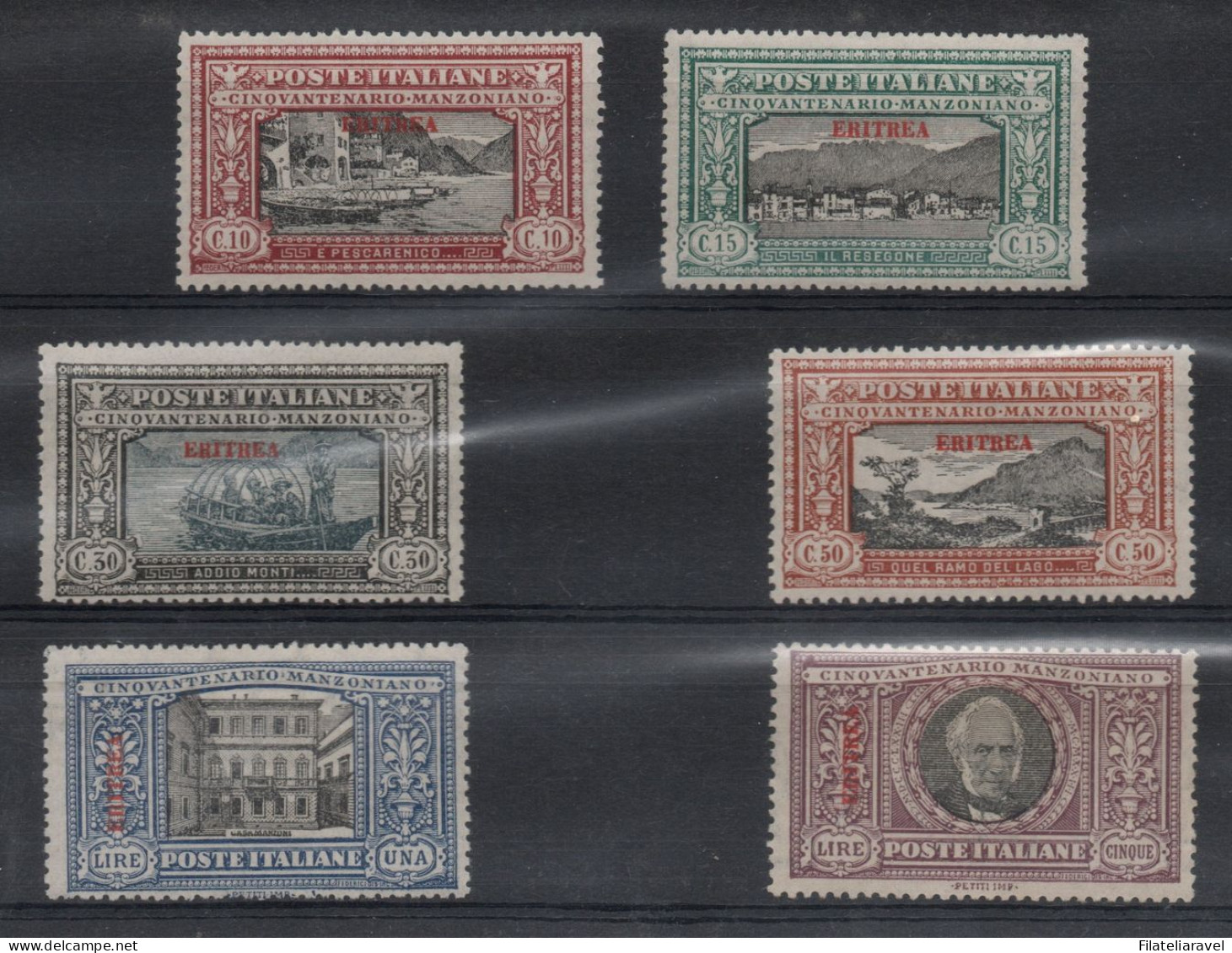 * 1924 -  Eritrea -   Manzoni (71/76) Sopr. In Rosso, Serie Completa TL, 6 Valori, Cert D.Fabris (880) - Erythrée