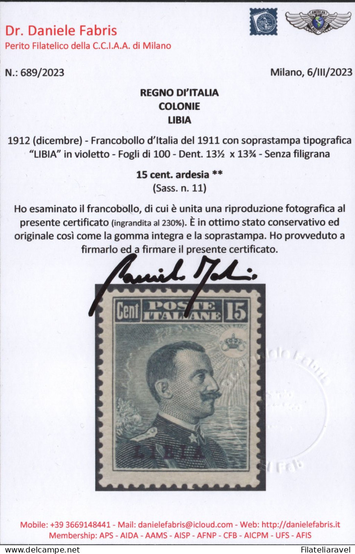 **/* 1912 -  Libia - Francobolli D'Italia (1/12) Soprastampati Libia, 12 Val, Mista, Cert D Fabris (2.400) - Libya