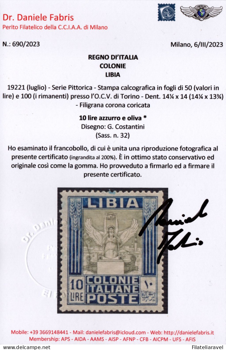 * 1921 - Libia - Pittorica (21/32) Serie Completa, 12 Valori, TL, Ben Centrato, Cert D. Fabris (1.200) - Libia