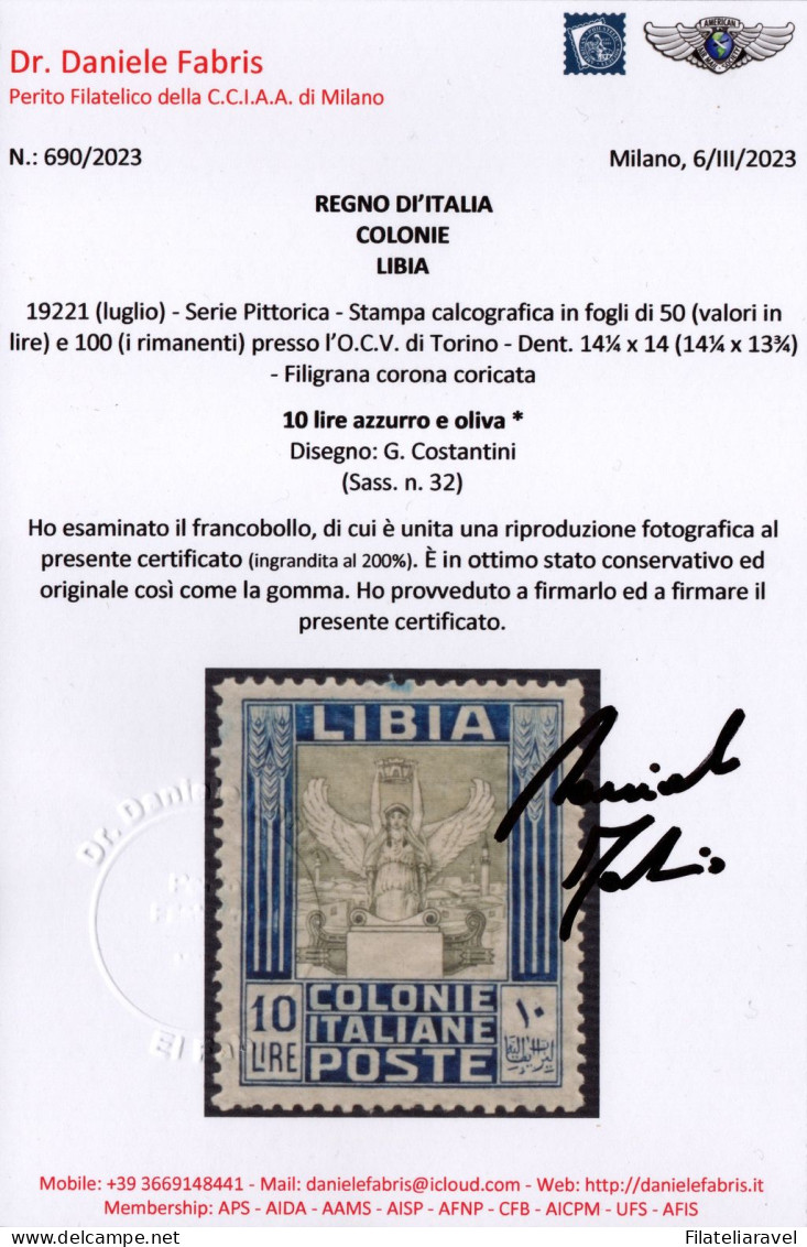 * 1921 - Libia - Pittorica (21/32) Serie Completa, 12 Valori, TL, Ben Centrato, Cert D. Fabris (1.200) - Libya