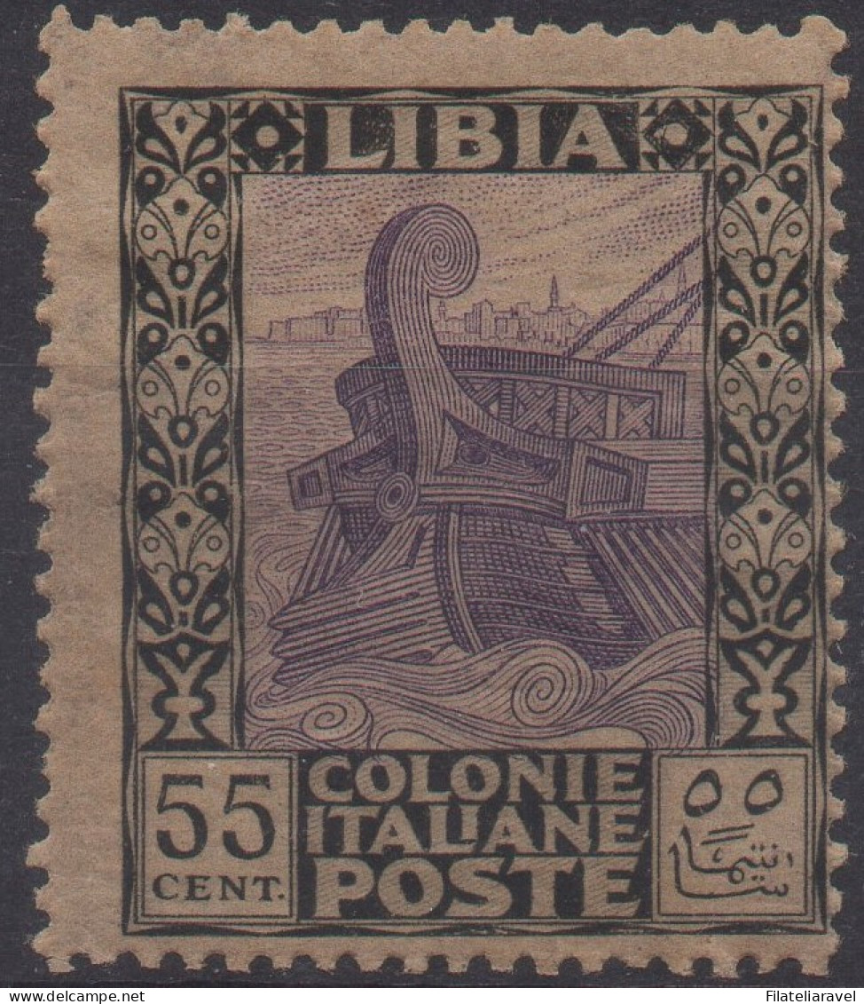 ** 1924 - Libia - Pittorica (52) 55 Cent. Nero Violetto, Integro, Cert. D. Fabris (2.500) - Libya