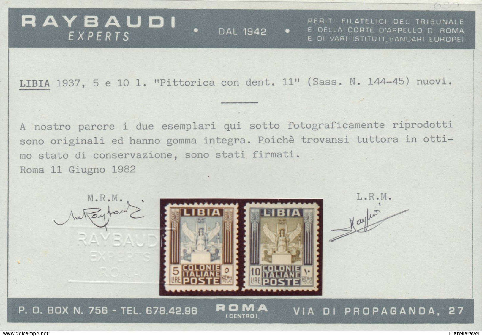 ** 1937 - Libia - Pittorica (144/145) 2 Val. Integri, Dent. 11, Cert. Raybaudi/Raybaudi Oro (19.000) - Libya