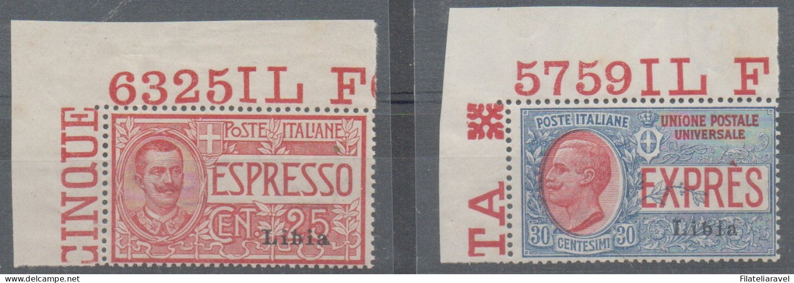 ** 1915 - Libia - Espressi D'Italia (Ex 1/2) Soprastampati Libia, 2 Valori Integri,angolo Di Foglio (600) - Libya