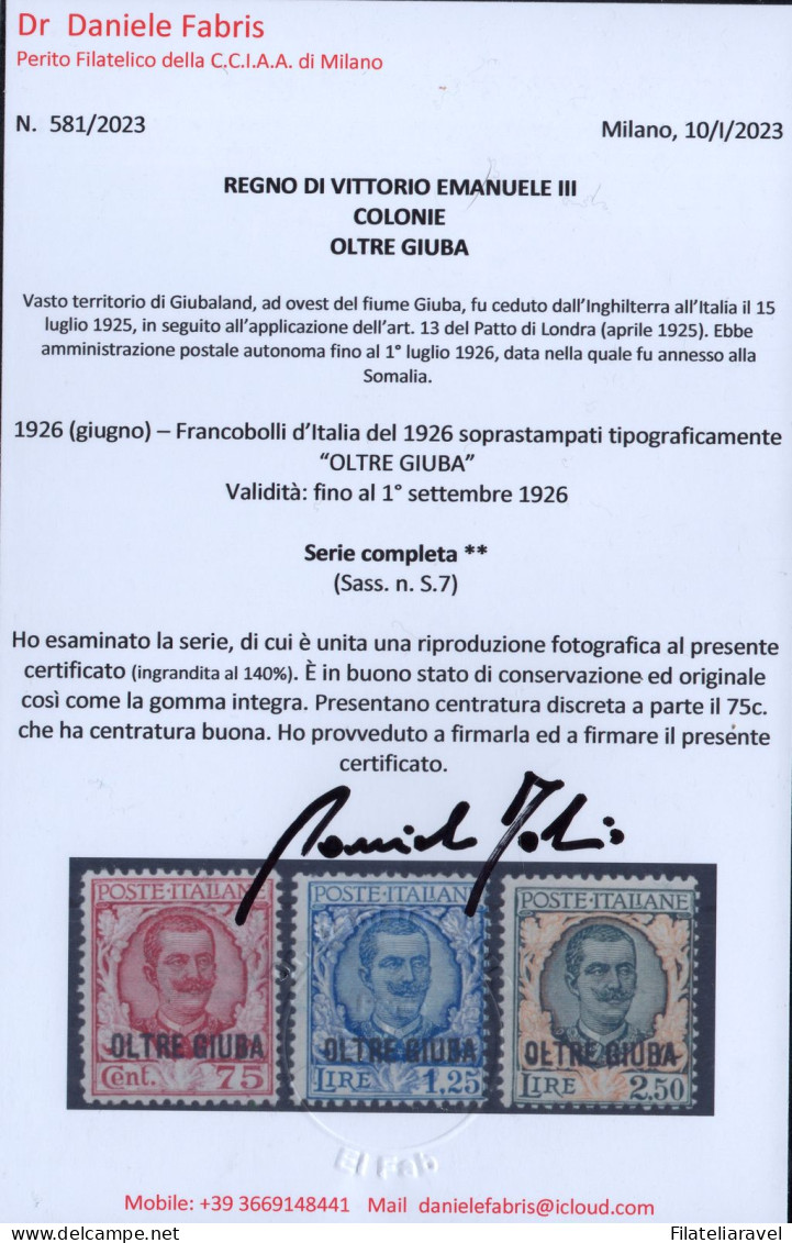 ** 1926 - Oltre Giuba - Floreale Francobolli Di Italia Soprastampati "Oltre Giuba" (42/44) , Serie Completa 3 Valori Int - Oltre Giuba