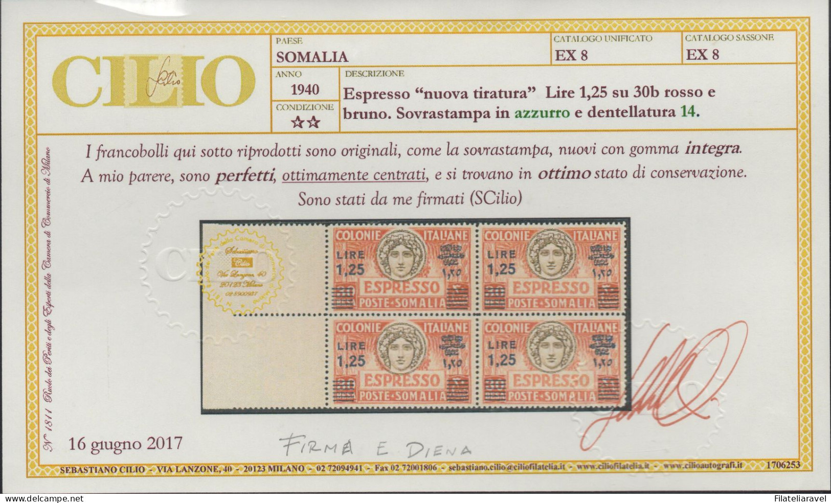 ** 1940 - Somalia - Espresso (8) Dent. 14, Quartina, Bordo Di Foglio Integra, Cert. Fabris/Cilio F.to  E. Diena (15.000) - Somalia