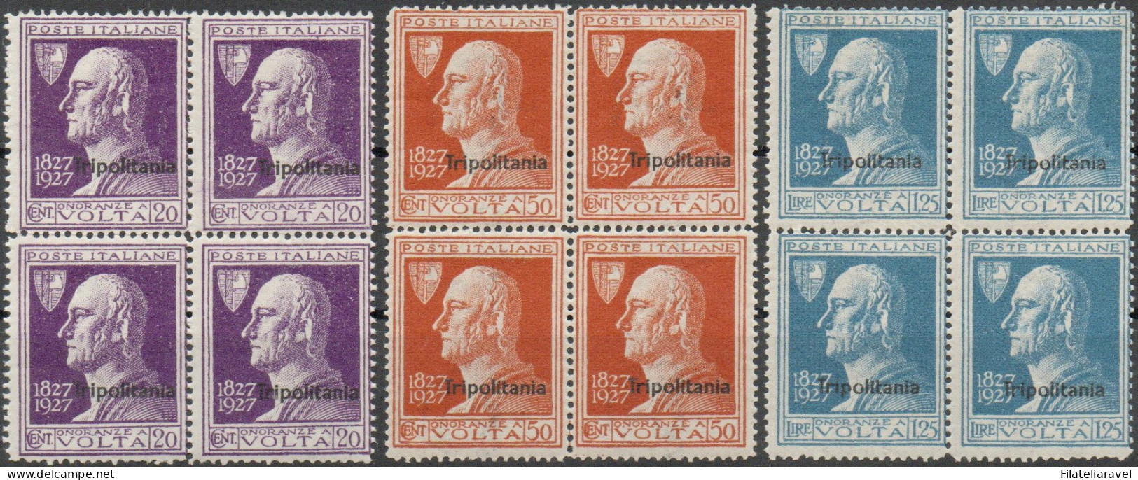 ** 1927 - Tripolitania - Alessandro Volta (43/45) In Colori Cambiati, Serie Completa In Quartina, 3 Valori Integri (500) - Tripolitania