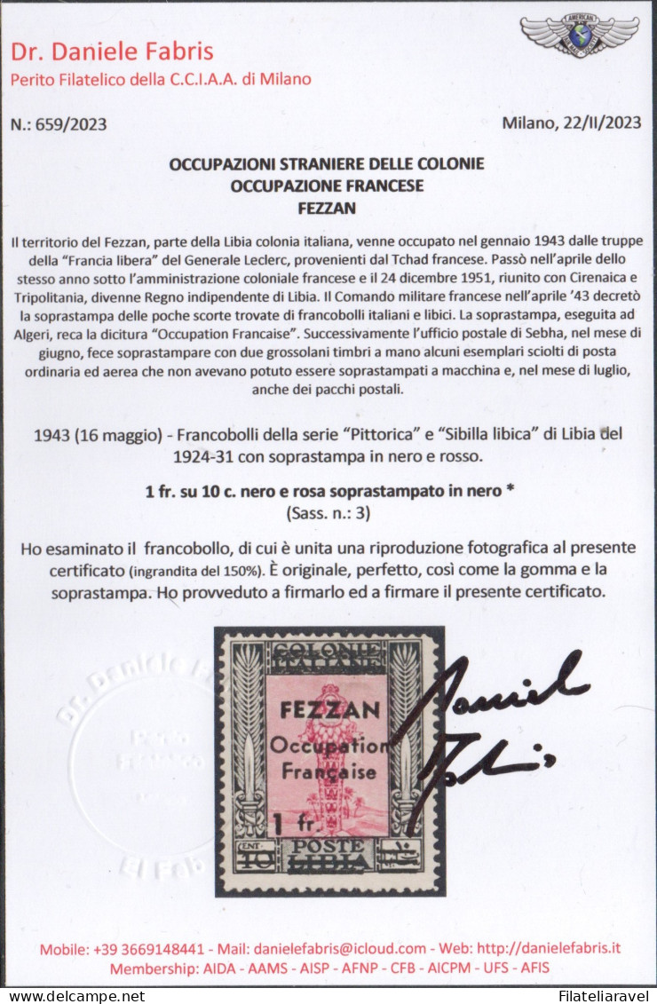 * 1943 - Fezzan - Pittorica E Sibilla Libica, 1fsu 10c (3) Con Soprastampa Analogae Nuovo Valore, Cert D.Fabris (600) - Fezzan & Ghadames