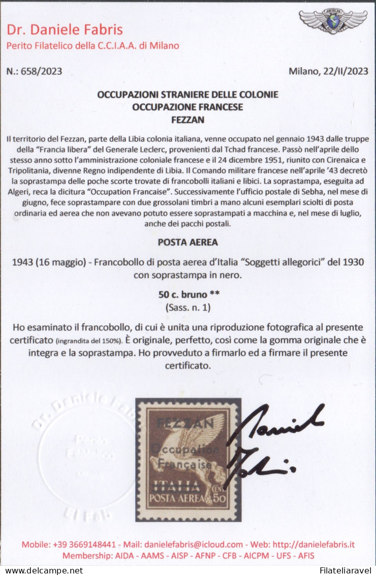 ** 1943 - Fezzan - Francobollo Di Posta Aerea Di Italia Del 1930, 50c (pa1) Soprastampato, Integro, Cert D.Fabris (600) - Fezzan & Ghadames