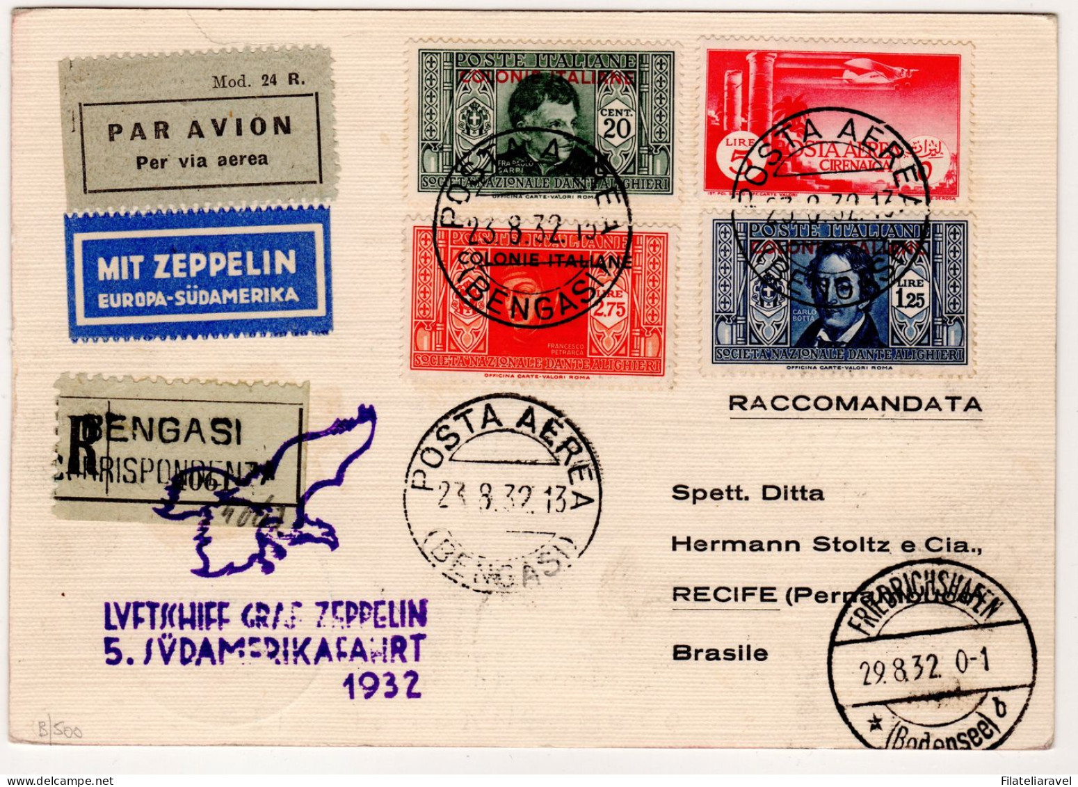 Ltr 1932 Graf Zeppelin 5° Volo In Sud America Longhi N 116 Cirenaica Affrancatura Emmissioni Generali Colonie - Marcophilie (Zeppelin)