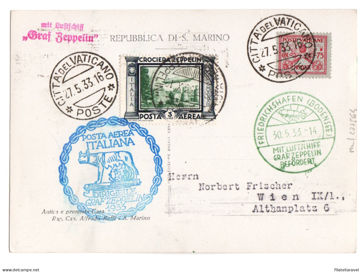 Ltr 1933 Zeppelin 3 Lire Zeppelin Italia + Vaticano - Marcophilie (Zeppelin)