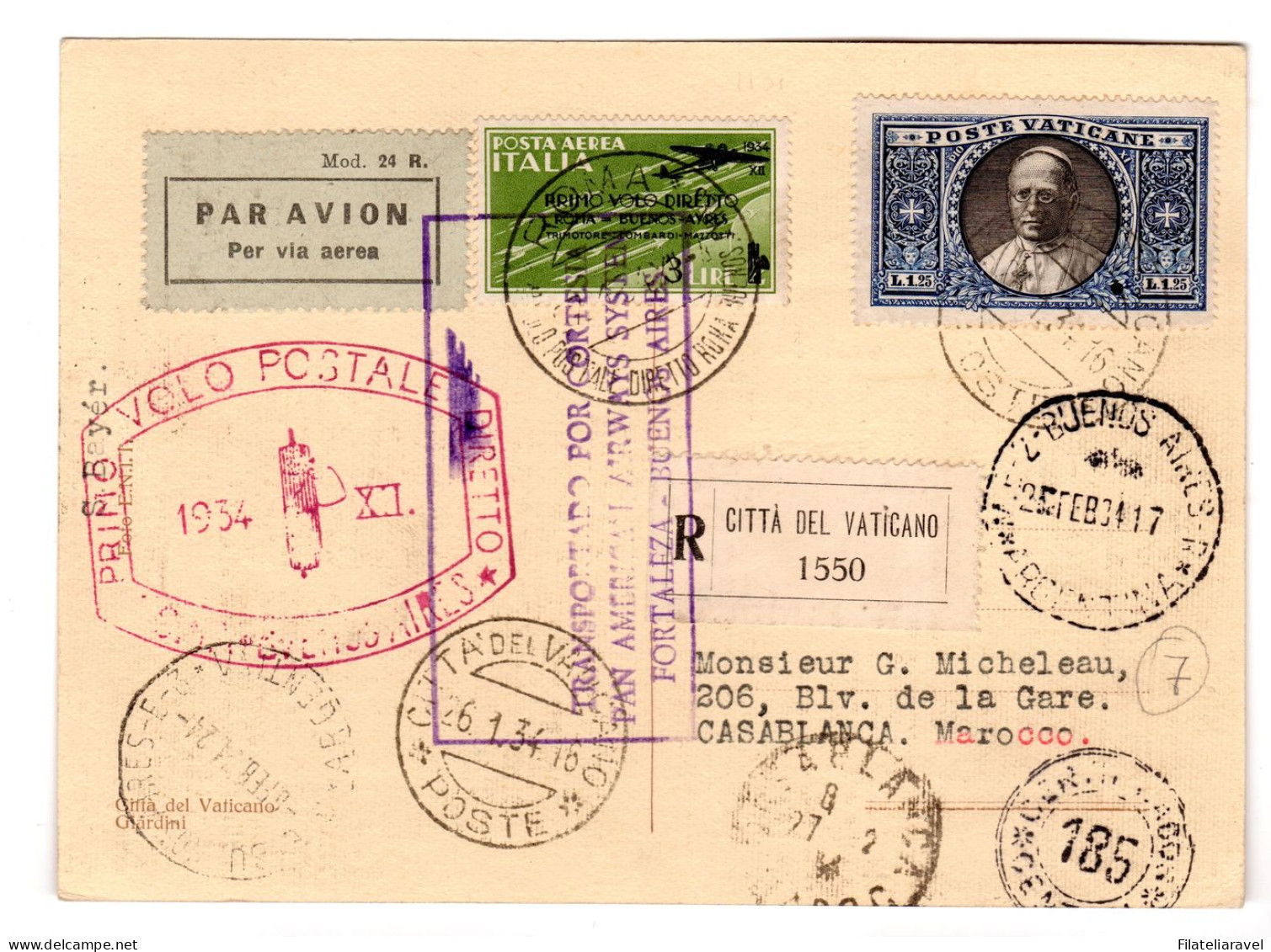 Ltr 1934 Volo Roma Buenos Aires Corriere Vaticano Molto Raro - Storia Postale (Posta Aerea)