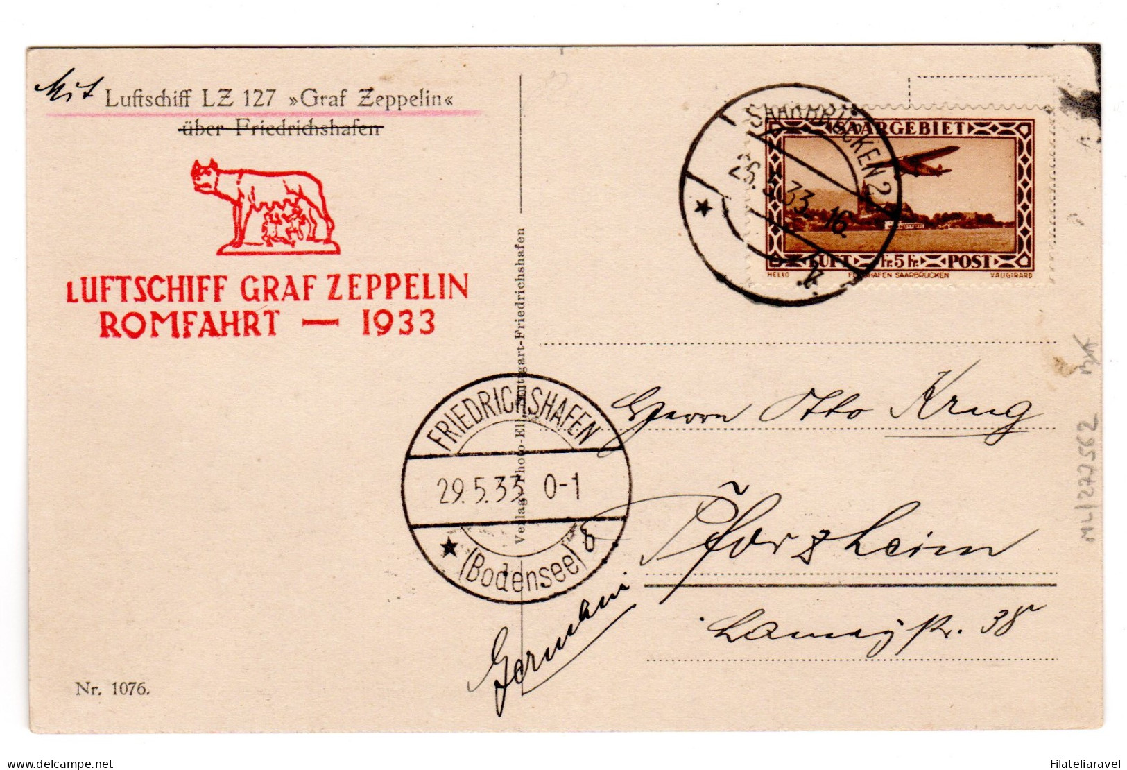 Ltr 1933 Zeppelin Saar Lancio Su Roma - Marcophilie (Zeppelin)