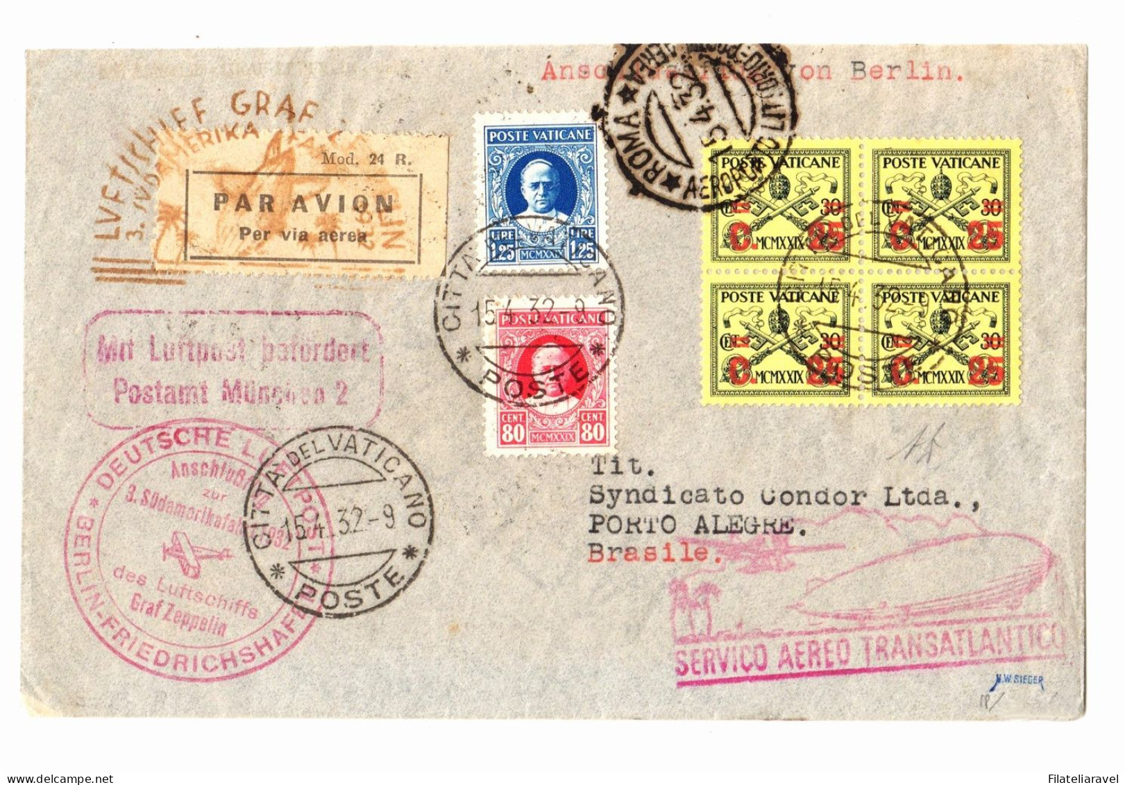 Ltr 1932 Zeppelin 3° Viaggio In Sud America Dal Vaticano - Poststempel (Zeppeline)