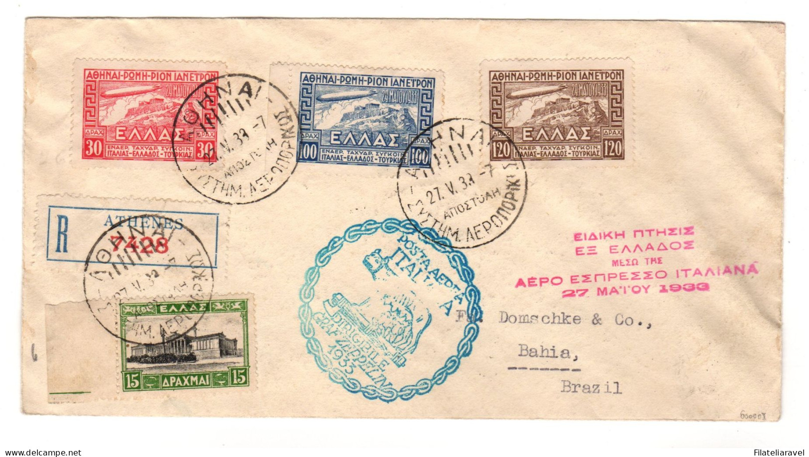 Ltr 1933 Busta Zeppelin Dalla Grecia Per Il Brasile Molto Rara - Marcophilie (Zeppelin)