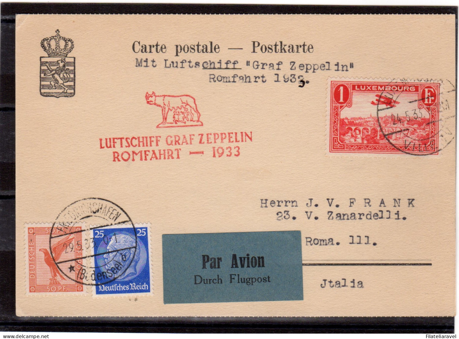 Ltr 1933 Volo Zeppelin Lussemburgo Lancio Su Roma - Marcophilie (Zeppelin)