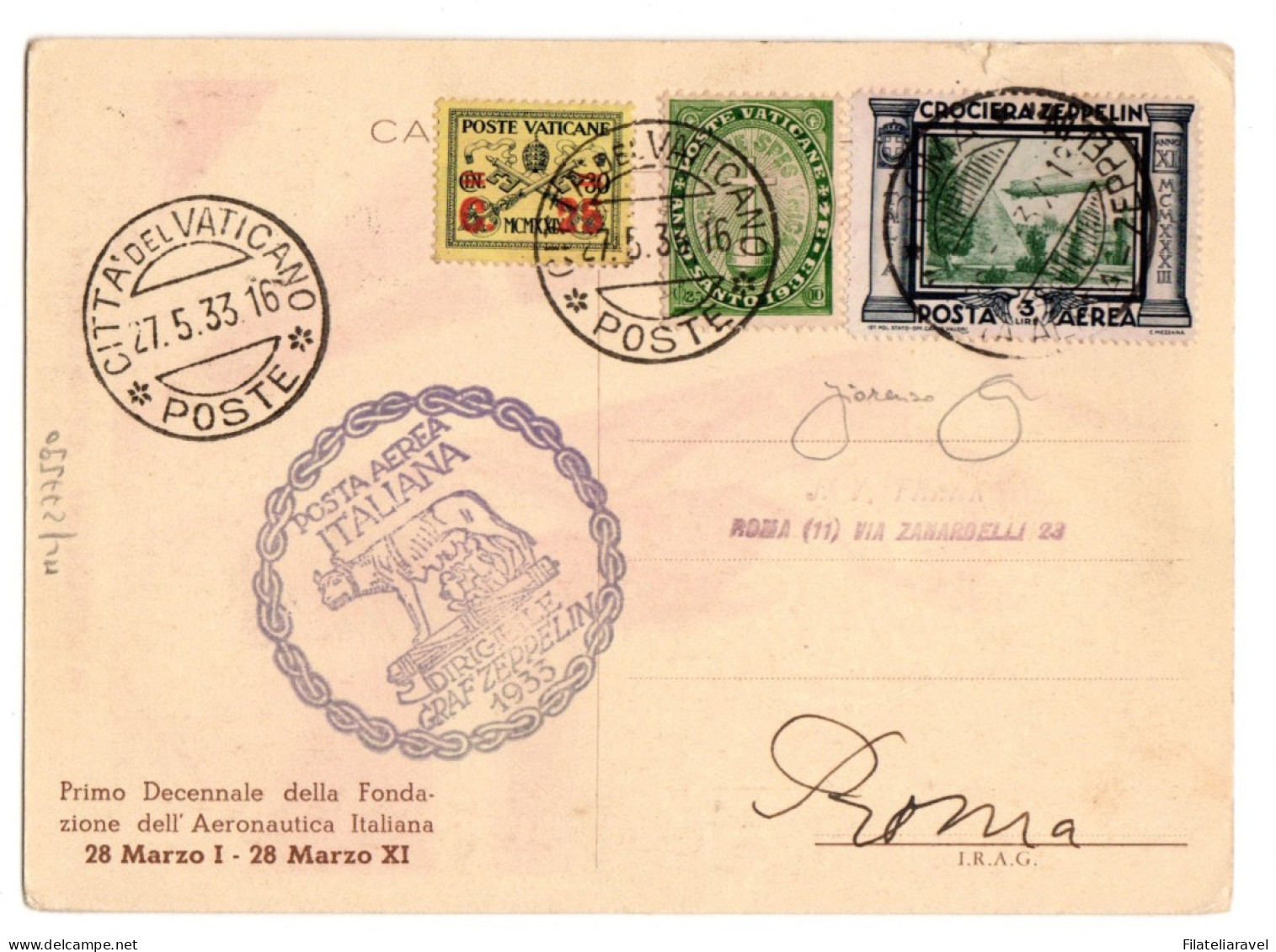 Ltr 1933 Zeppelin Bella Catolina Di Mussolini Aviatore Con 3 Lire + Vaticano - Marcophilie (Zeppelin)