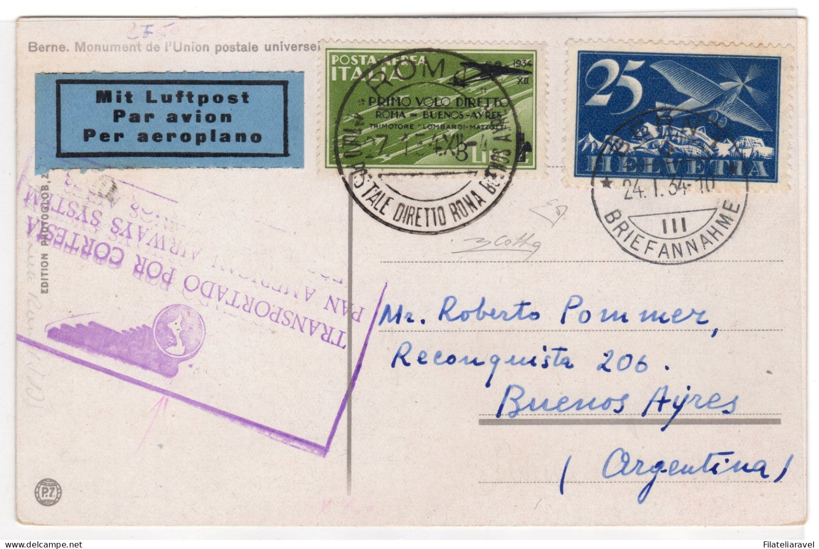 Ltr 1934 Il Rarissimo Corriere Dalla Svizzera Del Volo Roma Buenos Aires Cert. Diena - Marcophilie (Avions)