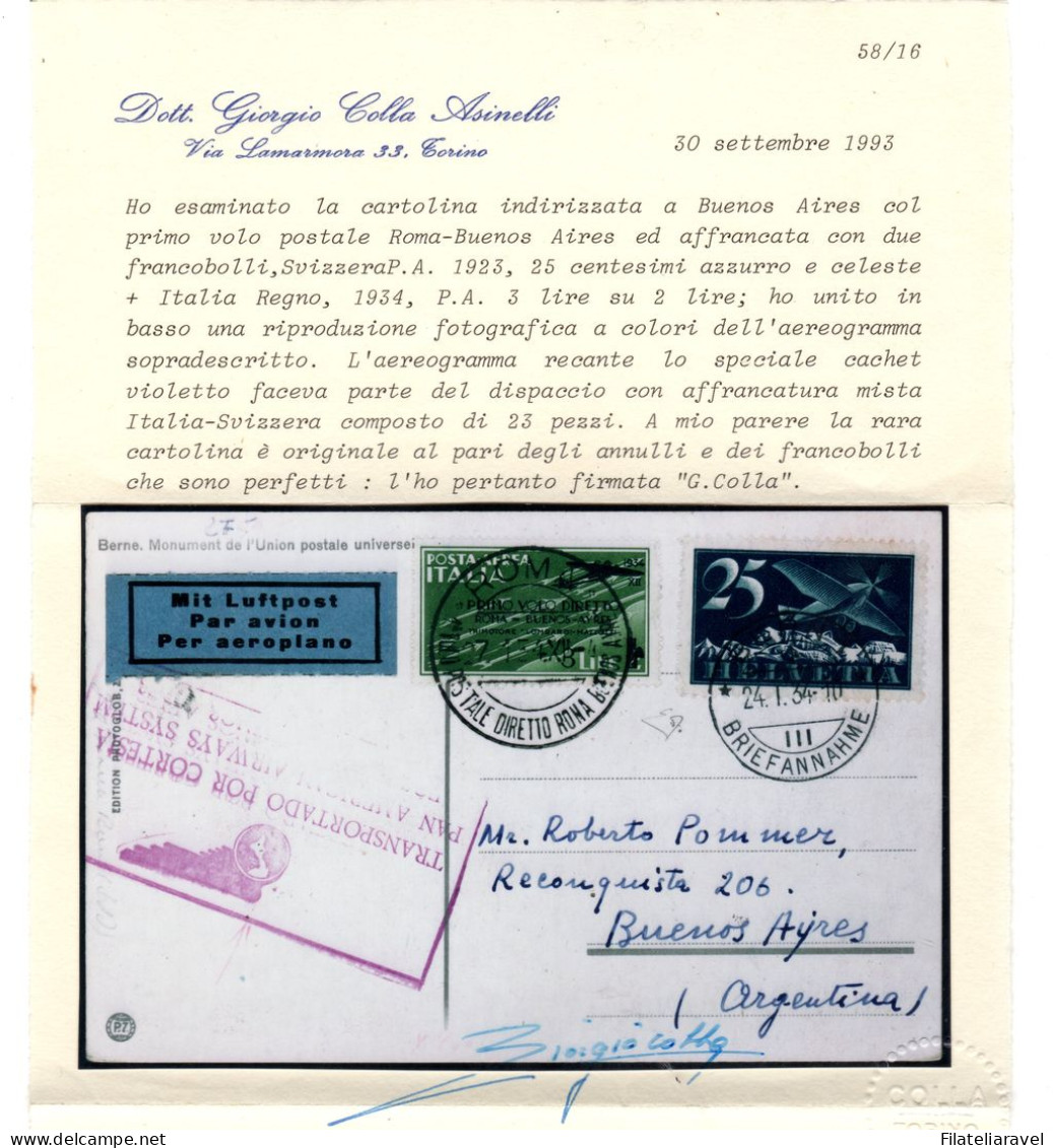 Ltr 1934 Il Rarissimo Corriere Dalla Svizzera Del Volo Roma Buenos Aires Cert. Diena - Storia Postale (Posta Aerea)