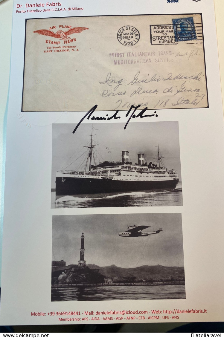 Ltr 1928 Volo Sperimentale Trasporto Corrispondenza Gibilterra Genova Cet. Fabris - Storia Postale (Posta Aerea)