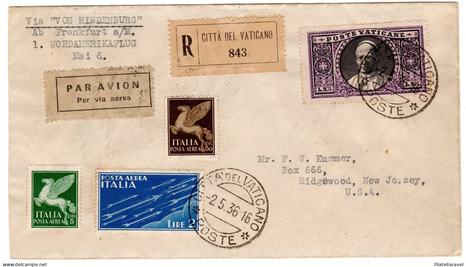 Ltr 1936 Volo Dirigibile Hindemburg Partenza Dal Vaticano - Poststempel (Zeppeline)
