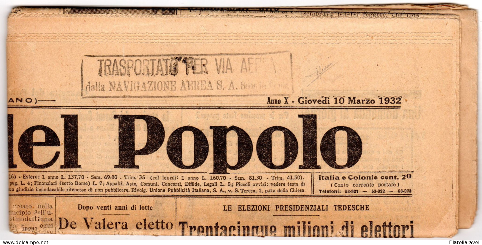 Ltr 1932 Giornale Completo Il Popolo D'Italia  Trasportato Con La Linea SANA Sede Di Roma - Storia Postale (Posta Aerea)