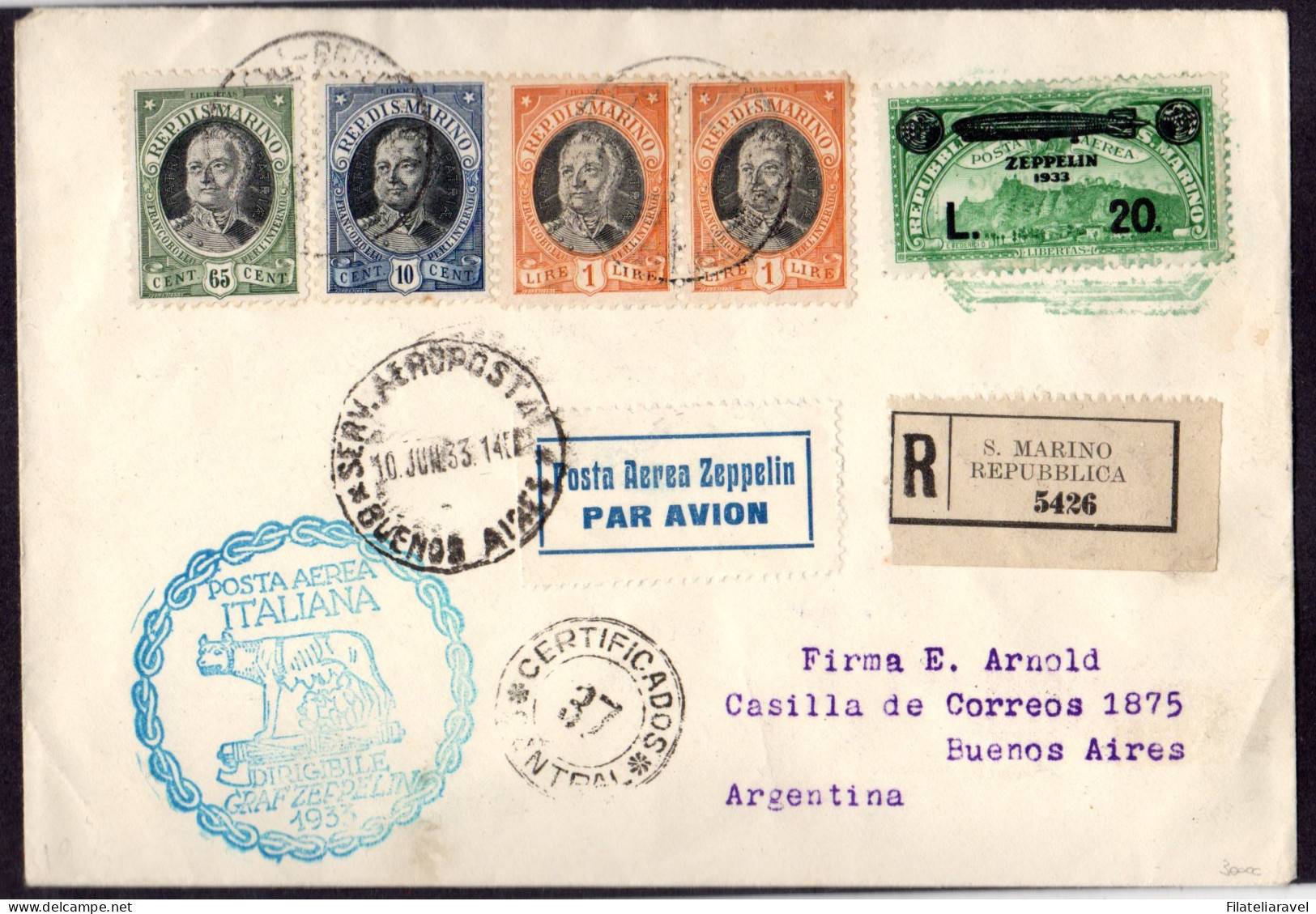 Ltr 1933 Zeppelin Da San Marino La Serie Su 6 Aereogrammi Diretti In Sud America - Marcophilie (Zeppelin)