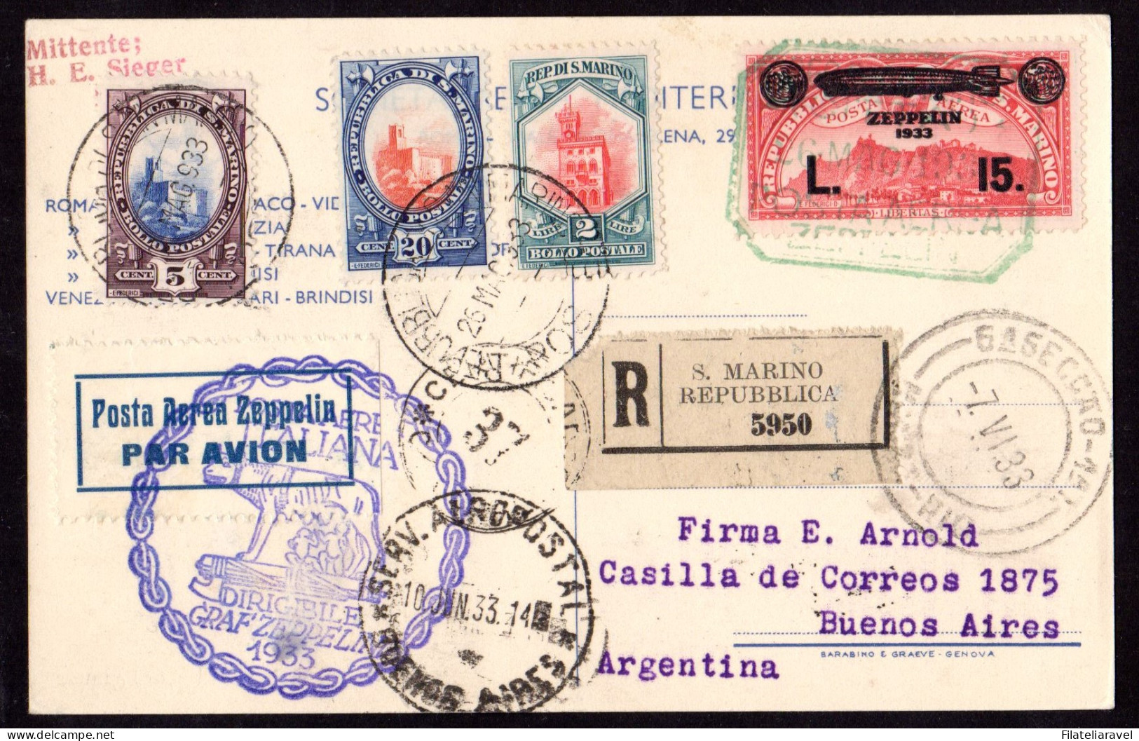 Ltr 1933 Zeppelin Da San Marino La Serie Su 6 Aereogrammi Diretti In Sud America - Poststempel (Zeppeline)