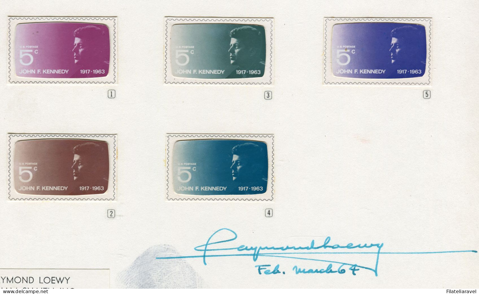 1964 USA - Bozzetti di prova 4/19 francobollo commemorativo del Presidente John Fitzerald Kennedy. Proof Essays