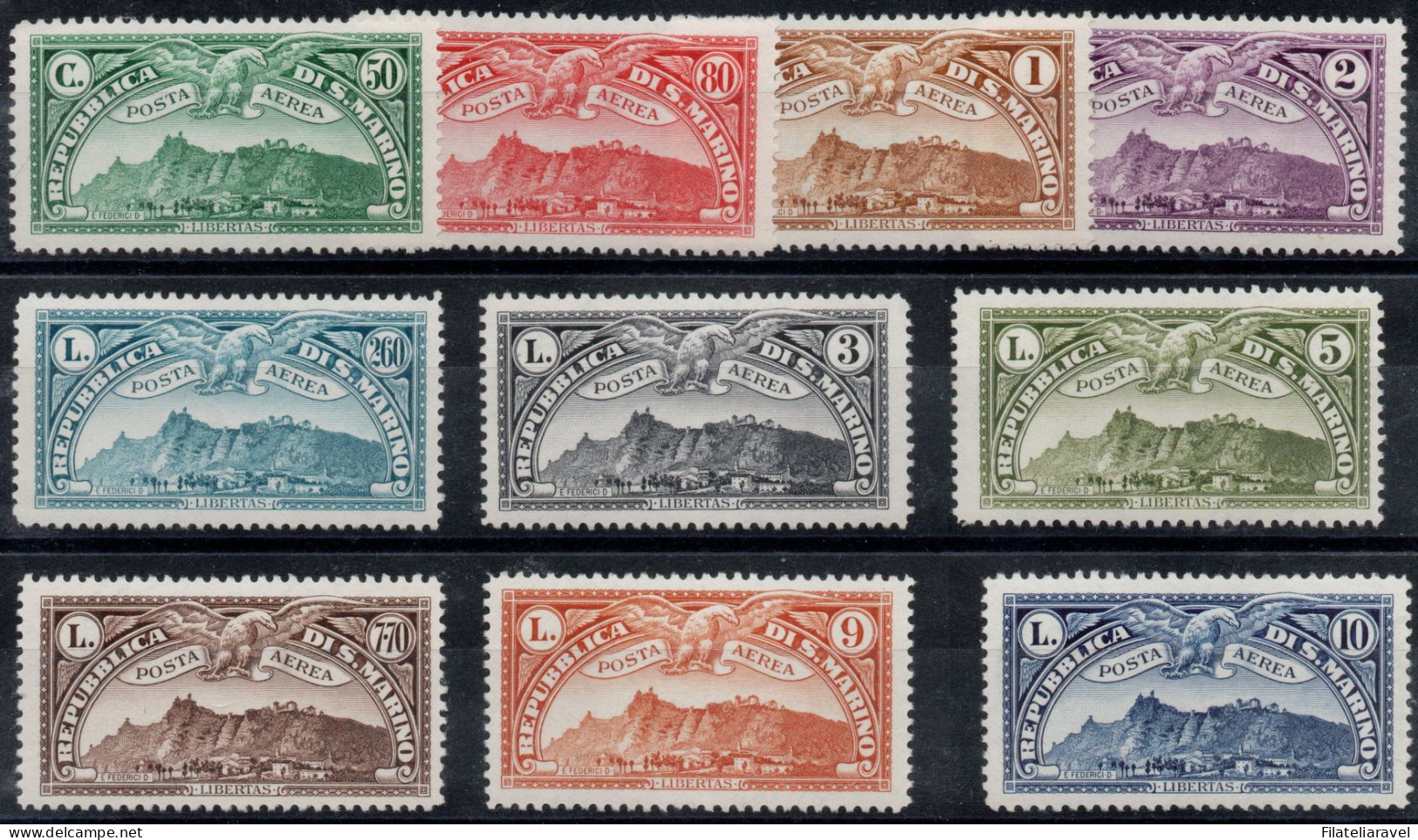 ** 1931 - San Marino - Posta Aerea - Veduta Di San Marino (Pa 1/10) Serie Cpl 10 Val Integra, Cert M.Merone (2.250) - Poste Aérienne