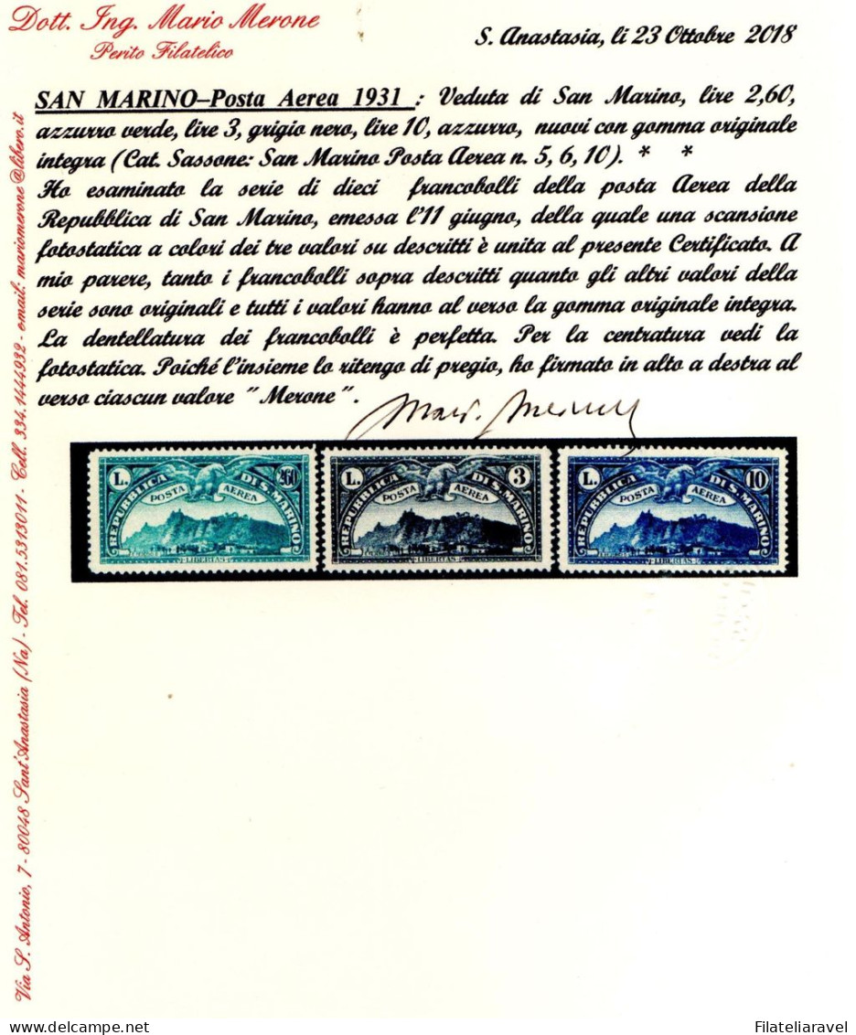 ** 1931 - San Marino - Posta Aerea - Veduta Di San Marino (Pa 1/10) Serie Cpl 10 Val Integra, Cert M.Merone (2.250) - Poste Aérienne