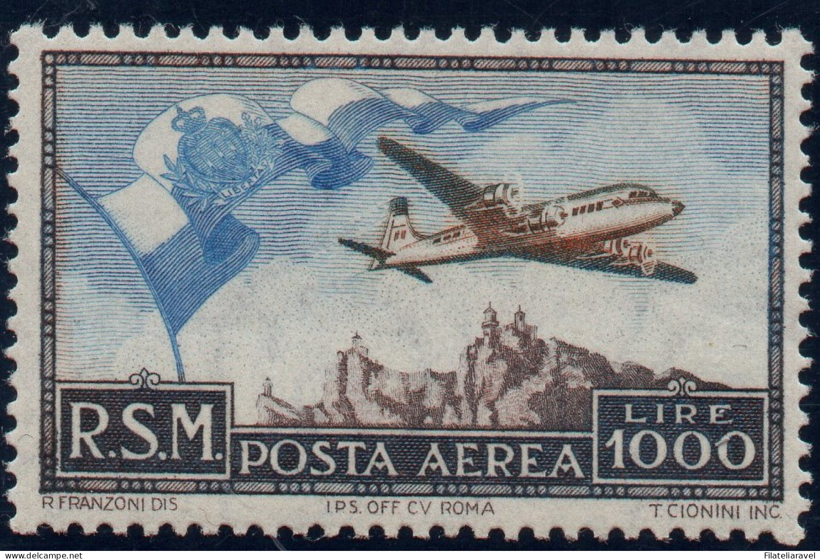 ** 1951 - San Marino - Posta Aerea - Bandiera, Aereo E Veduta (Pa 99), Gomma Integra, Cert M.Merone (850) - Luftpost