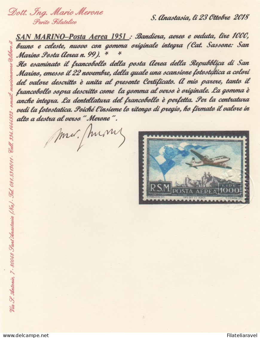 ** 1951 - San Marino - Posta Aerea - Bandiera, Aereo E Veduta (Pa 99), Gomma Integra, Cert M.Merone (850) - Poste Aérienne