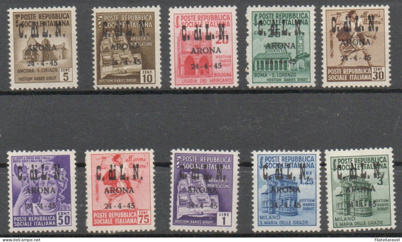 Tl 1945 - CLN - Arona - Francobolli Sovrastampati (Cat 1/10+ Espresso Cat 16) Linguellate, Cert. Fabris (760) - Centraal Comité Van Het Nationaal Verzet (CLN)