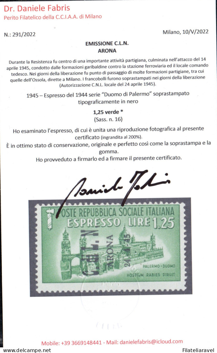 Tl 1945 - CLN - Arona - Francobolli Sovrastampati (Cat 1/10+ Espresso Cat 16) Linguellate, Cert. Fabris (760) - Nationales Befreiungskomitee