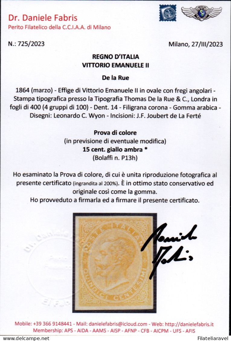 * 1864 - Regno Prova Di Colore (P13h), 15c Giallo Ambra ND, Eff. V E II, Cert. D. Fabris (350) - Neufs