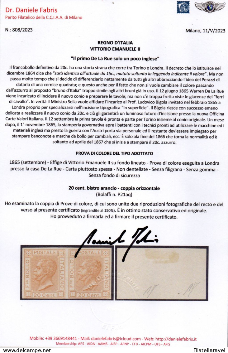 * 1865 - Regno Prove Di Colore (P21aq) Eff. V. E. II, Coppia Orizzontale ND, Cert. D. Fabris (1.000) - Neufs