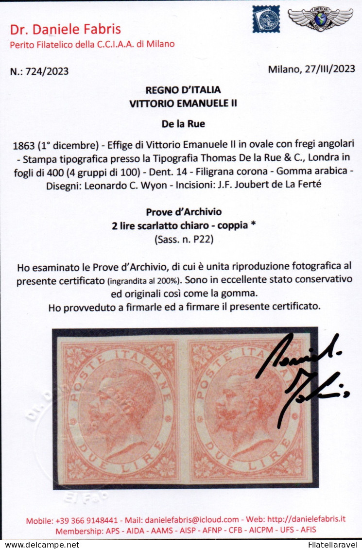 * 1863 - Regno Prove D'archivio (P22) Coppia 2 Lire Scarlatto Chiaro ND, Cert. D. Fabris (1.150) - Neufs