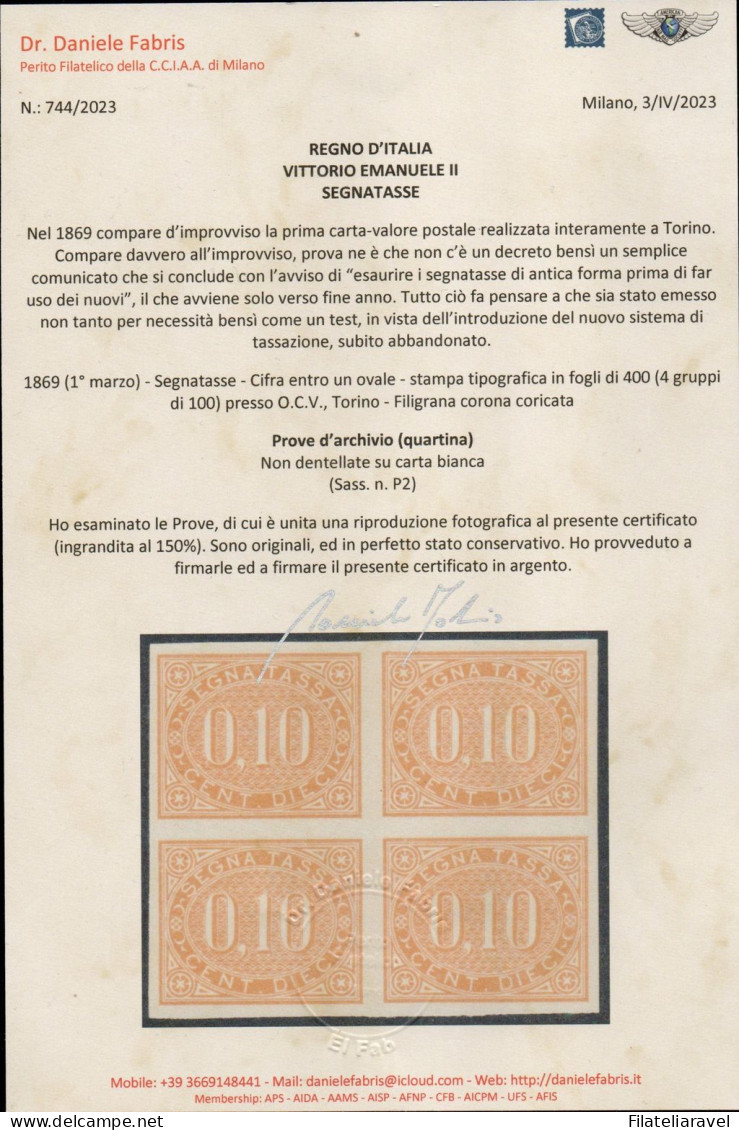 * 1869 - Regno Prova D'archivio Segnastasse (P2) Quartina Non Dentellata, Cert. D. Fabris (3.000) - Taxe