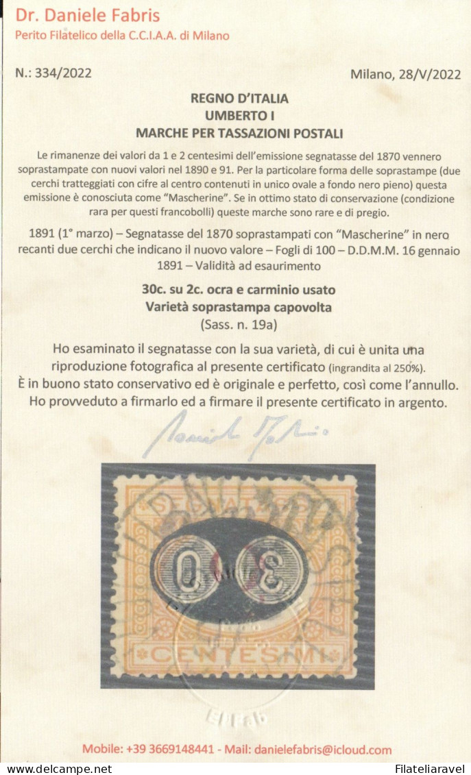 Us 1891 - Regno Segnatasse (19a) Mascherine Sopr. Capovolta, Cert. Raybaudi/Fabris (4.500) - Taxe