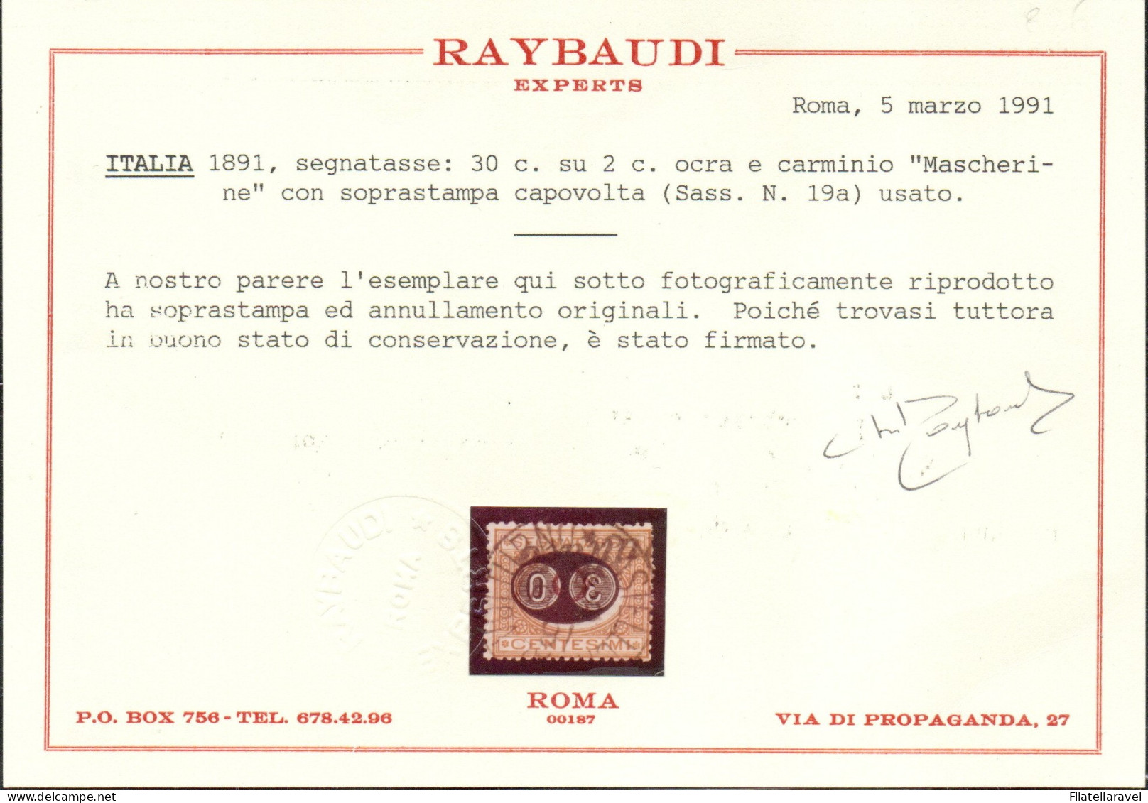 Us 1891 - Regno Segnatasse (19a) Mascherine Sopr. Capovolta, Cert. Raybaudi/Fabris (4.500) - Taxe