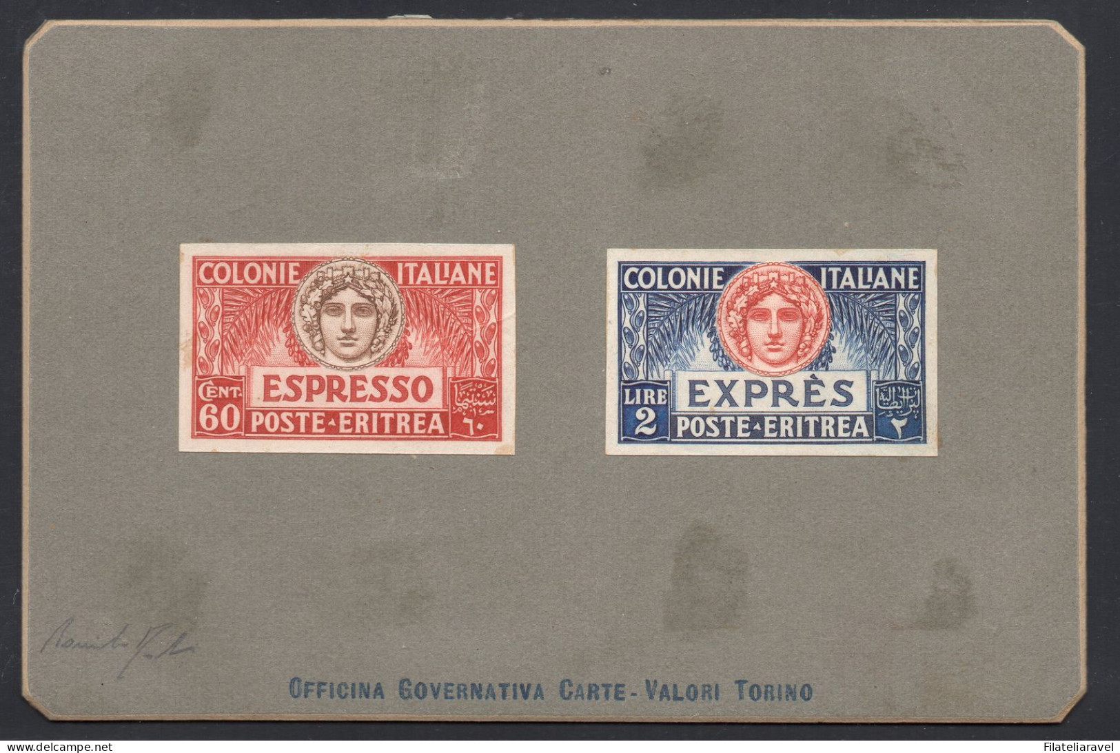 * 1924 - Eritrea - Cartoncino Con Iscrizione A Stampa " Officina Governativa Carte-Valori Torino", Prove Di Conio Con Co - Eritrea