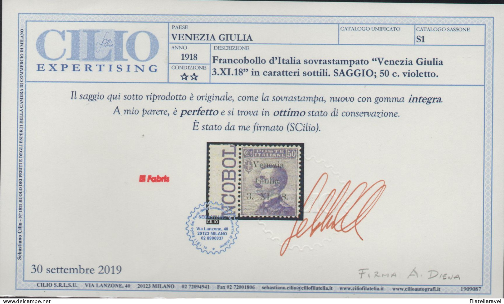 ** 1918 - Venezia Giulia - Francobollo D'Italia Sopr. Saggio (S1) Caratteri Sottili, Cert. Cilio (3.600) - Venezia Giulia