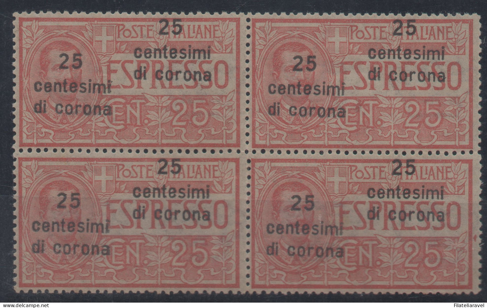 ** 1921 - Dalmazia - Espresso Varietà  Doppia Soprastampa (1a) Quartina 25c Di Corona, Cert. E. Caffaz (4.200) - Dalmatia