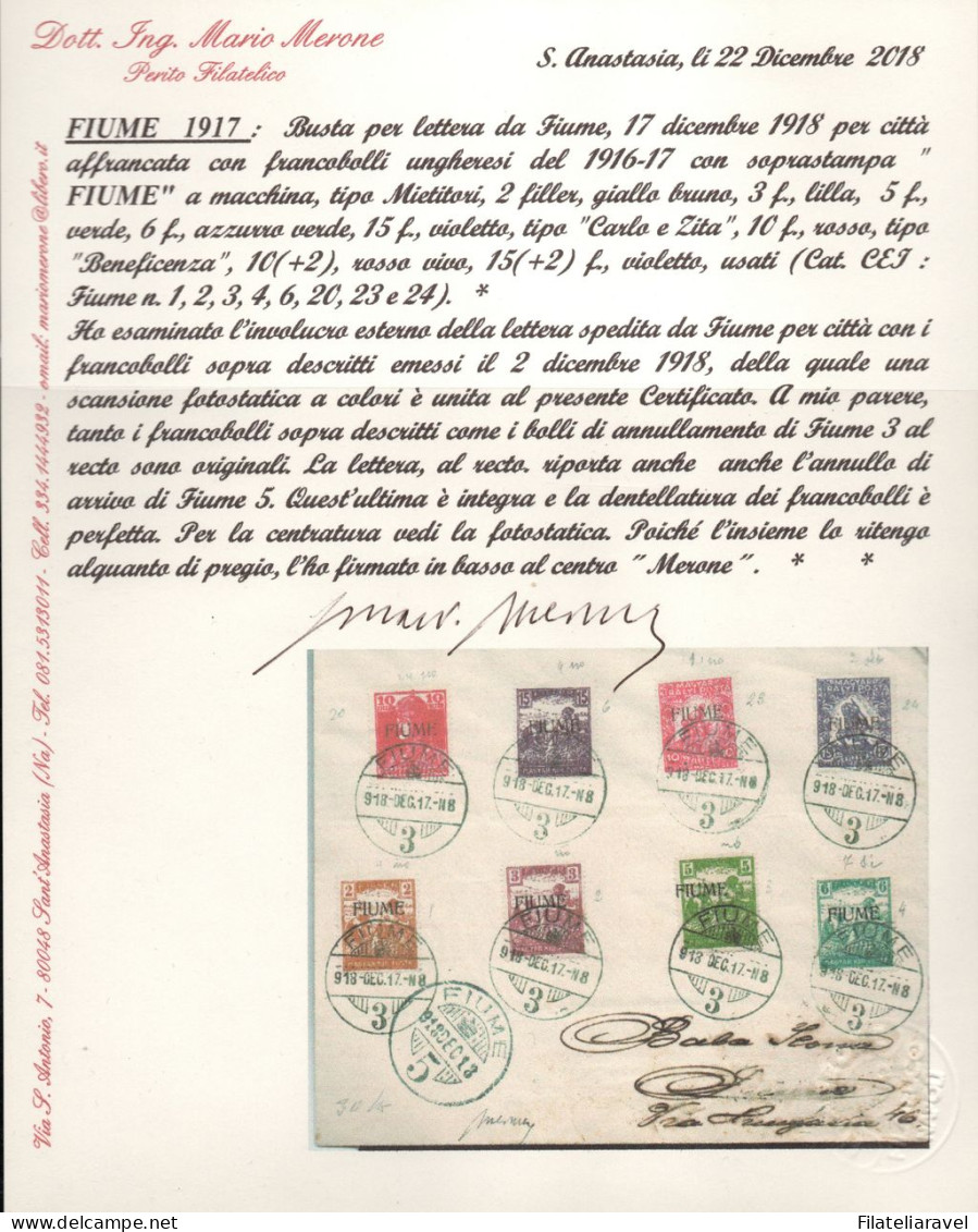 Ltr 1917 - Fiume - Lettera Da Fiume Per Città Mietitori E Vedute (1,2,3,4,6,20,23,24), Cert. M. Merone - Fiume