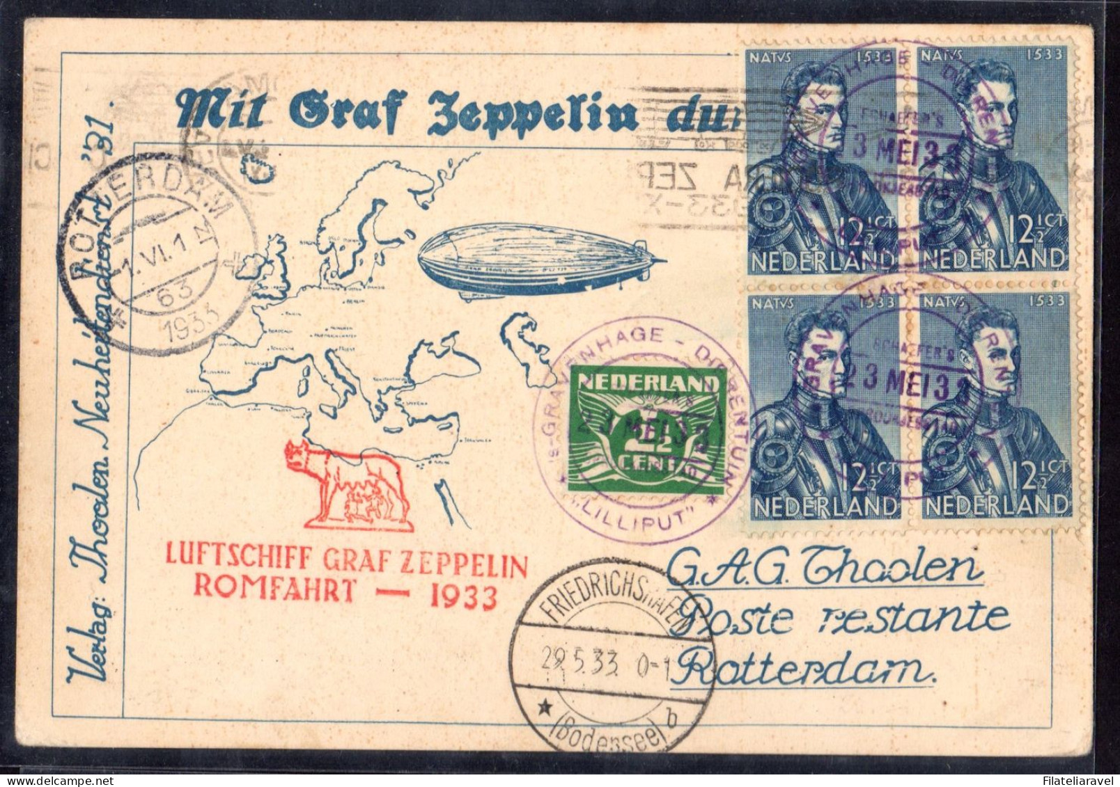 Ltr Zeppelin Da Rotterdam Lancio Su Roma - Marcophilie (Zeppelin)