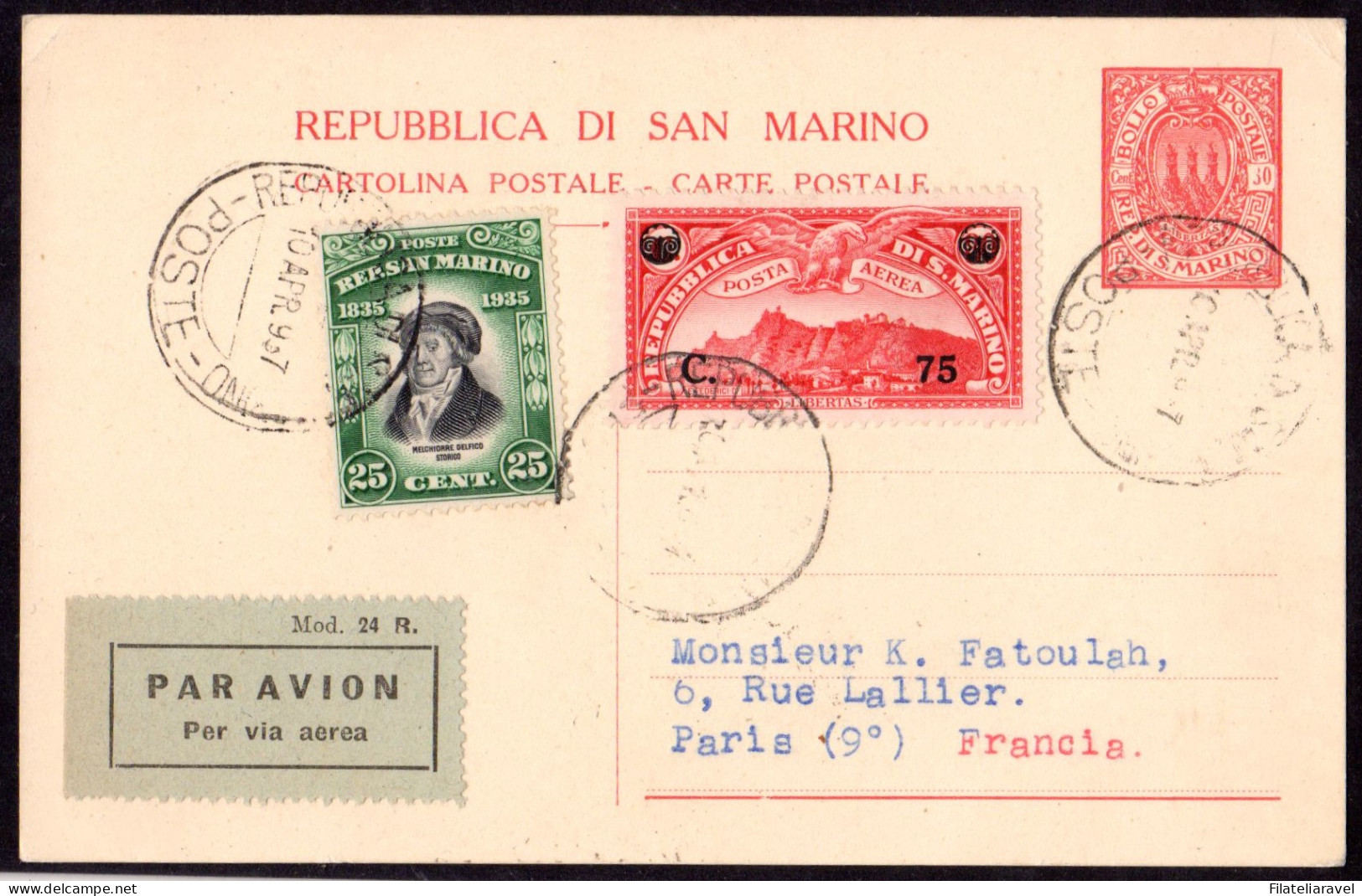 Ltr San Marino Intero Postale Con Affrancatura Complementare Di Posta Aerea Per Parigi Aarivo Al Verso - Storia Postale (Posta Aerea)