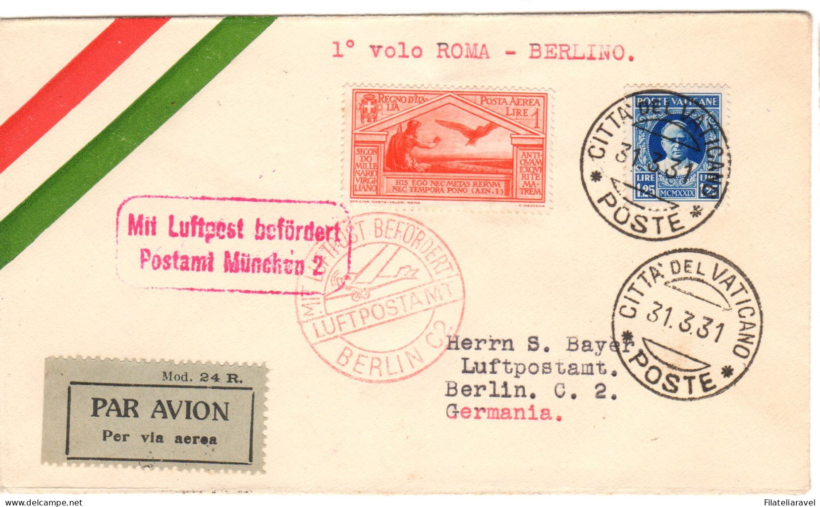 Ltr 1931Primo Volo Roma Berlino Affrancatura Rara Di Lire 2,25 (1 Lira P.a. Virgilio E 1,25 Conciliazione 48 Aerogrammi  - Storia Postale (Posta Aerea)