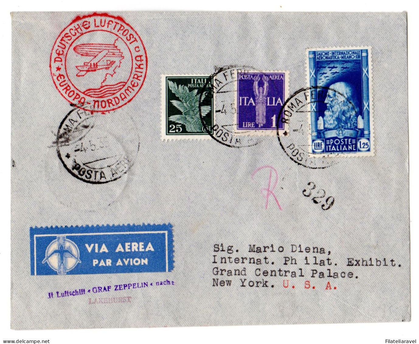 Ltr 1935 Zeppelin Roma New York - Storia Postale (Posta Aerea)