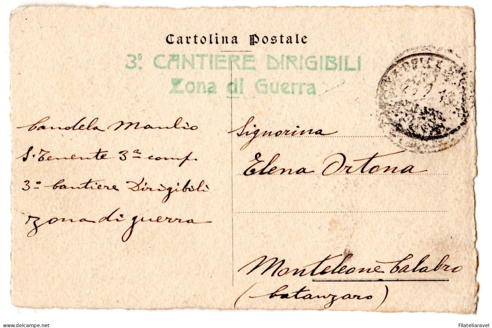 Ltr 1916 Cartolina In Franchigia Spedita Dal 3° Cantiere Dirigibili Rara - Storia Postale (Posta Aerea)